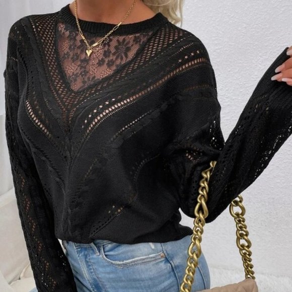 Lace Detailed Long sleeve Knit Sweater  Top Black - Picture 2 of 6